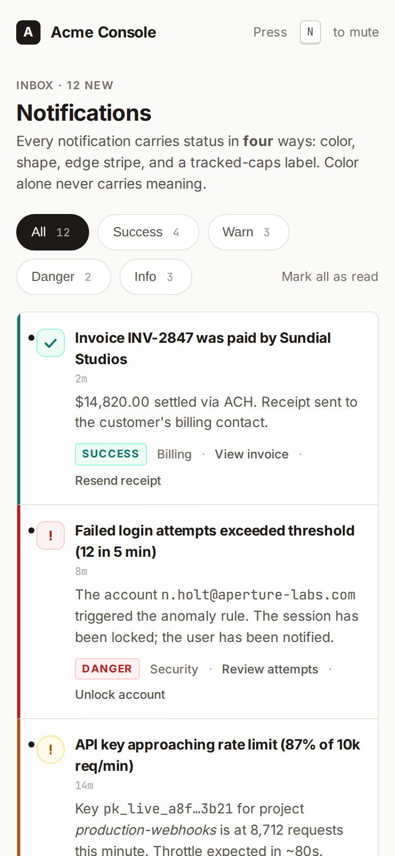 Status Semantics — Colorblind-Safe Notifications mobile