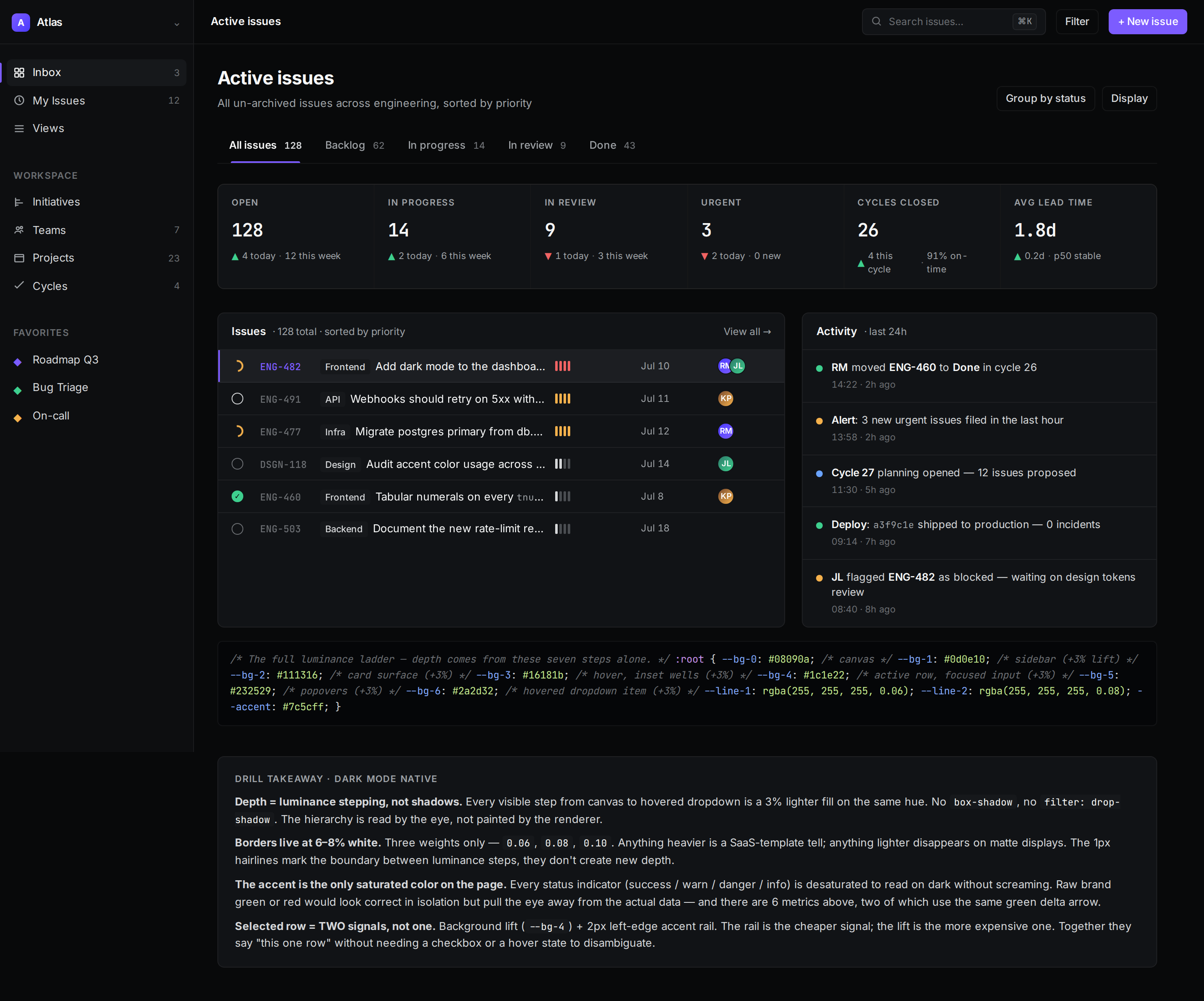 Dark Mode Native · Luminance-Stepped Dashboard desktop
