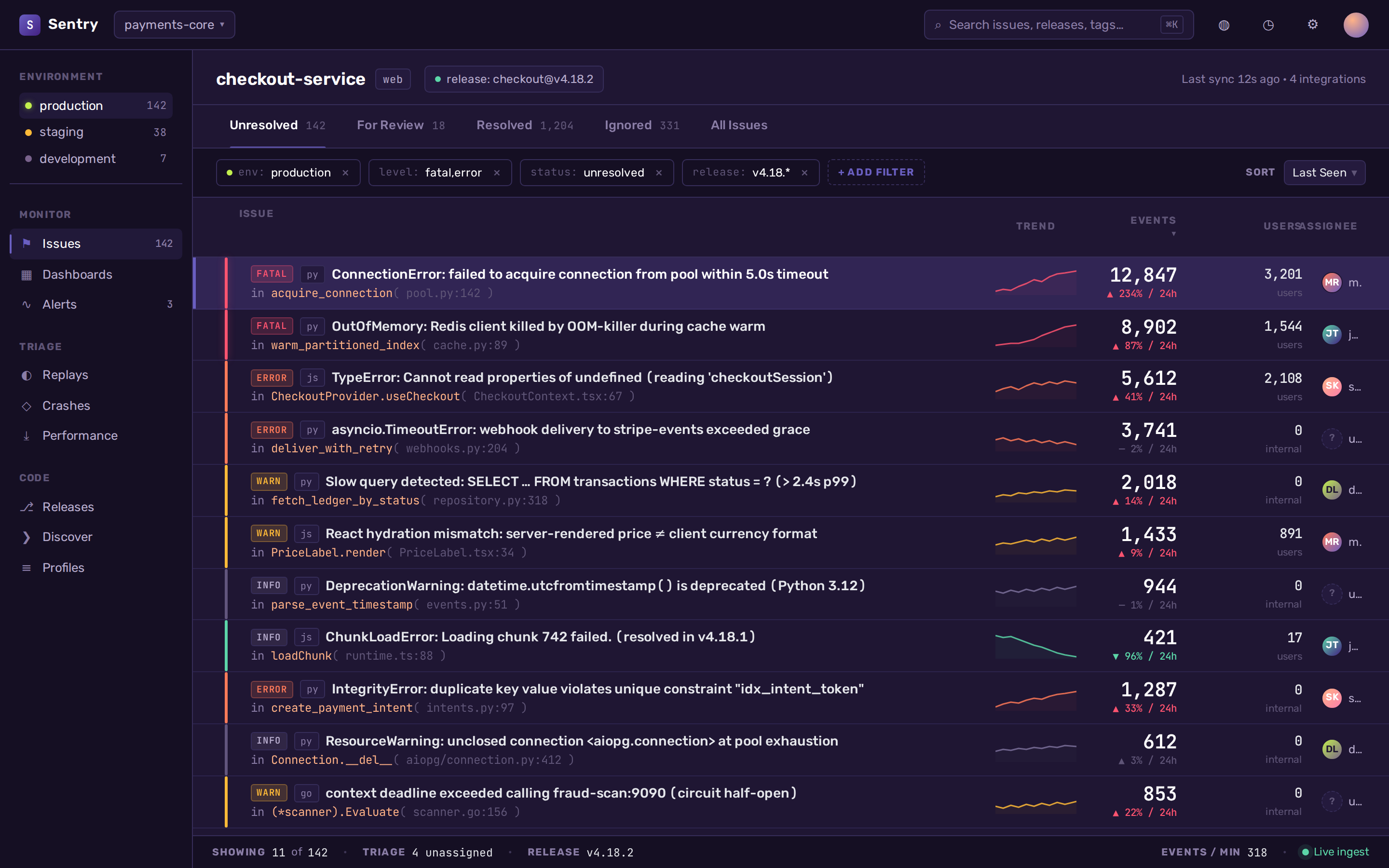 Sentry Issue Stream (Reference Match) desktop