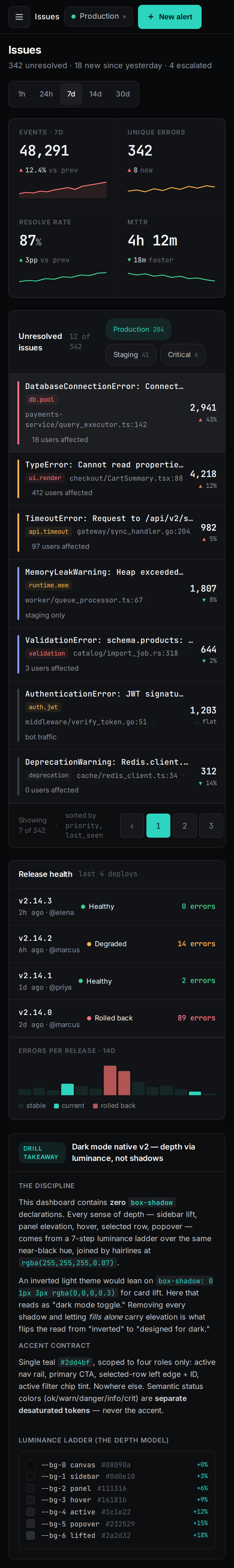 Dark Mode Native v2 — Error Intelligence Dashboard mobile