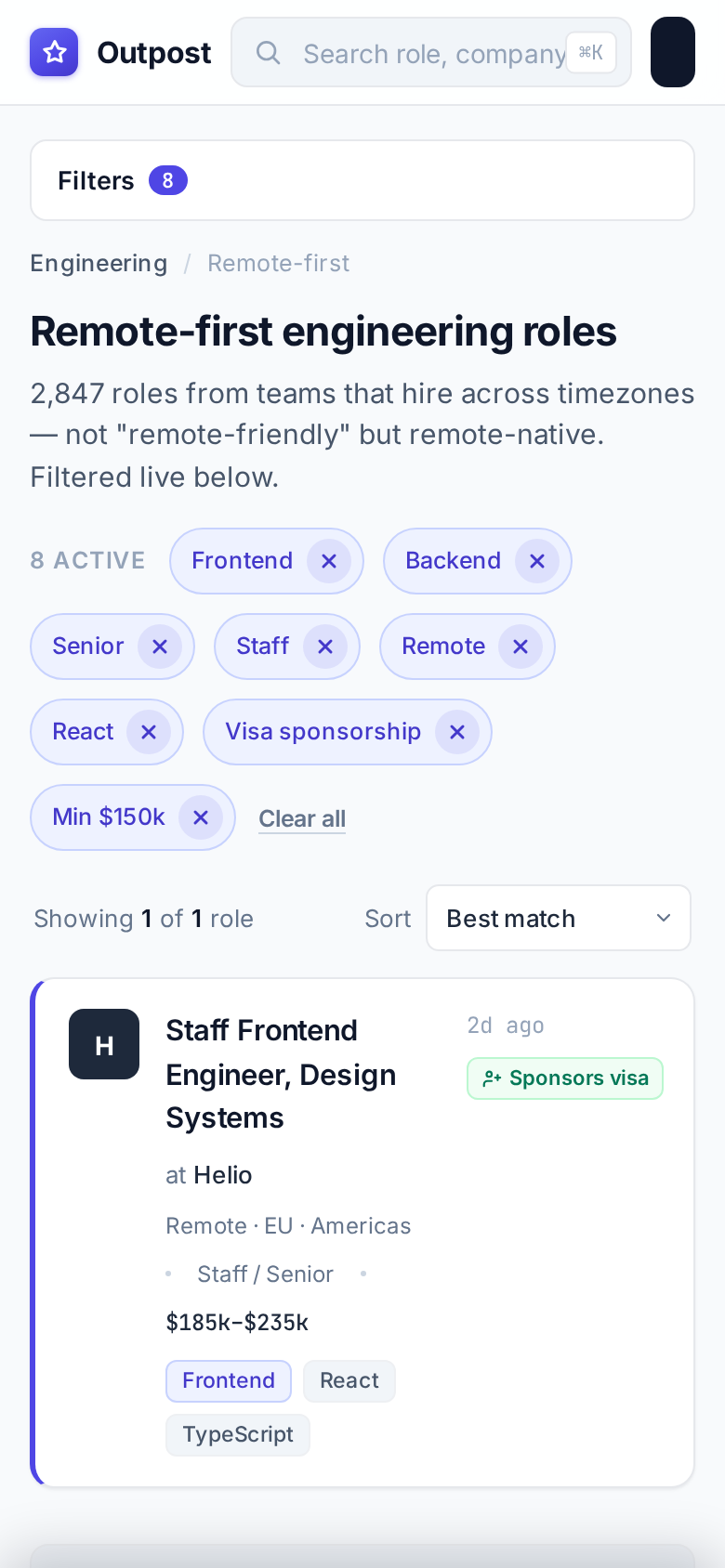 Filter UI — Outpost job board mobile