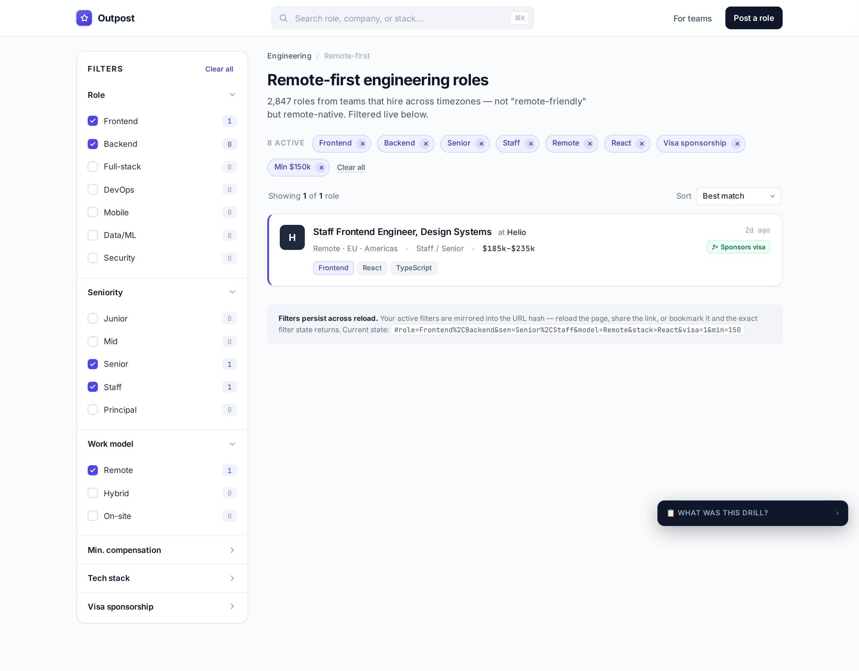 Filter UI — Outpost job board desktop