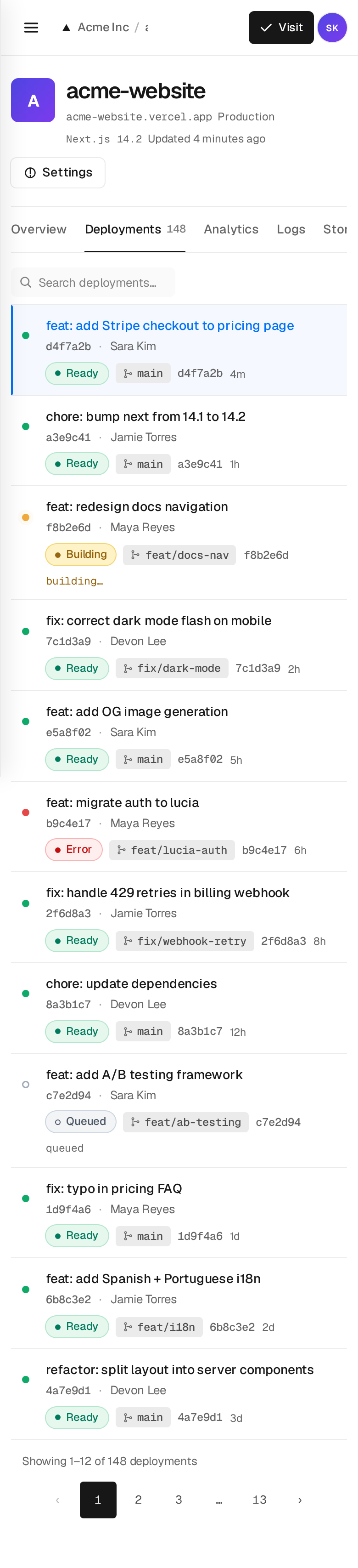 Clone Vercel Deployment List mobile