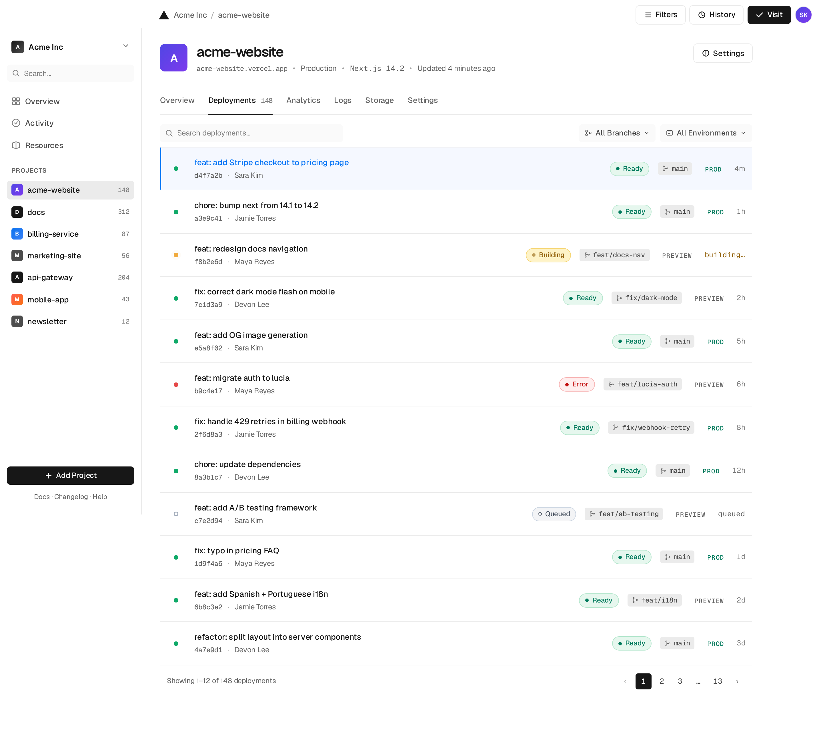 Clone Vercel Deployment List desktop