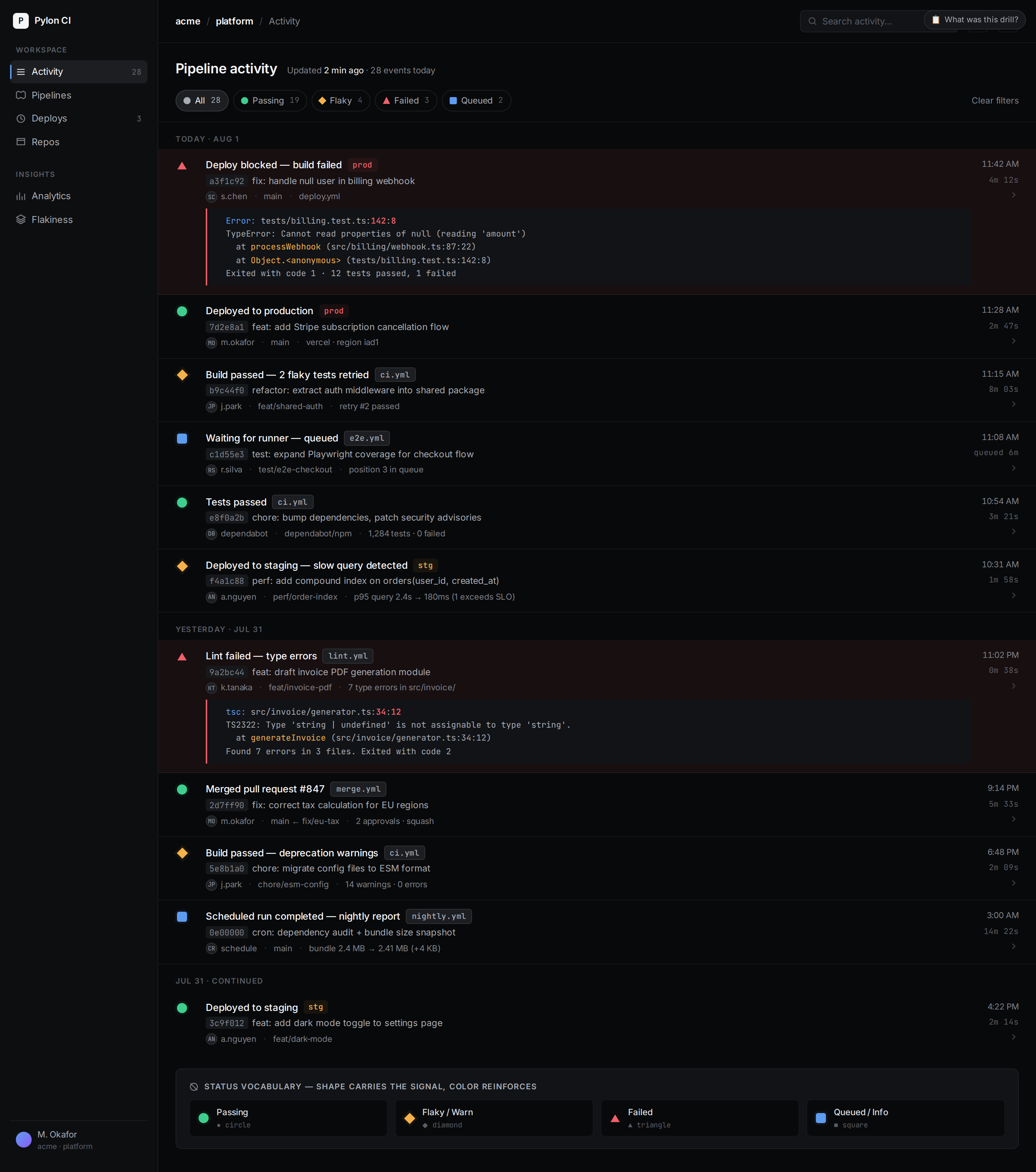 Status Semantics v2 — CI/CD Pipeline Feed desktop