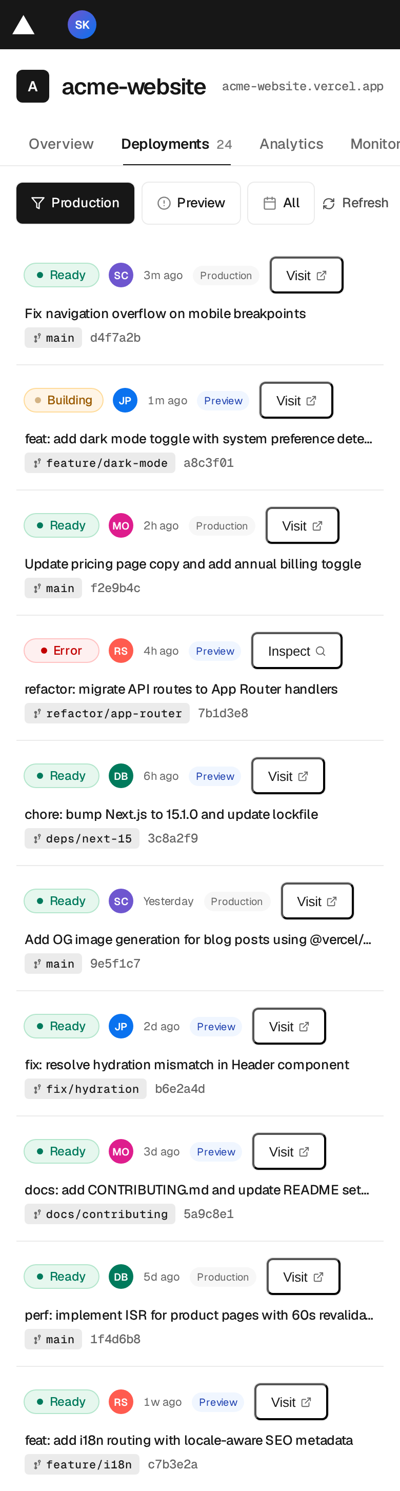 Vercel Deployment List Clone mobile