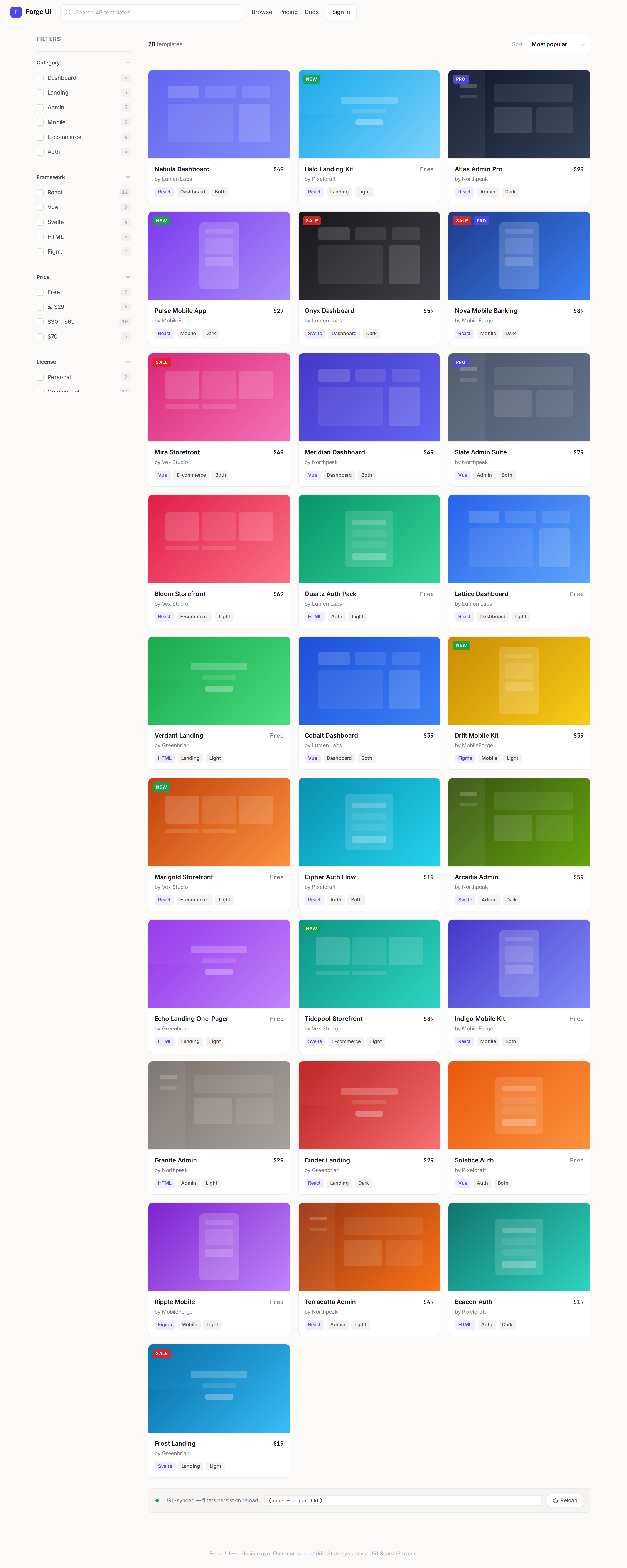 Filter UI / Faceted Template Marketplace desktop