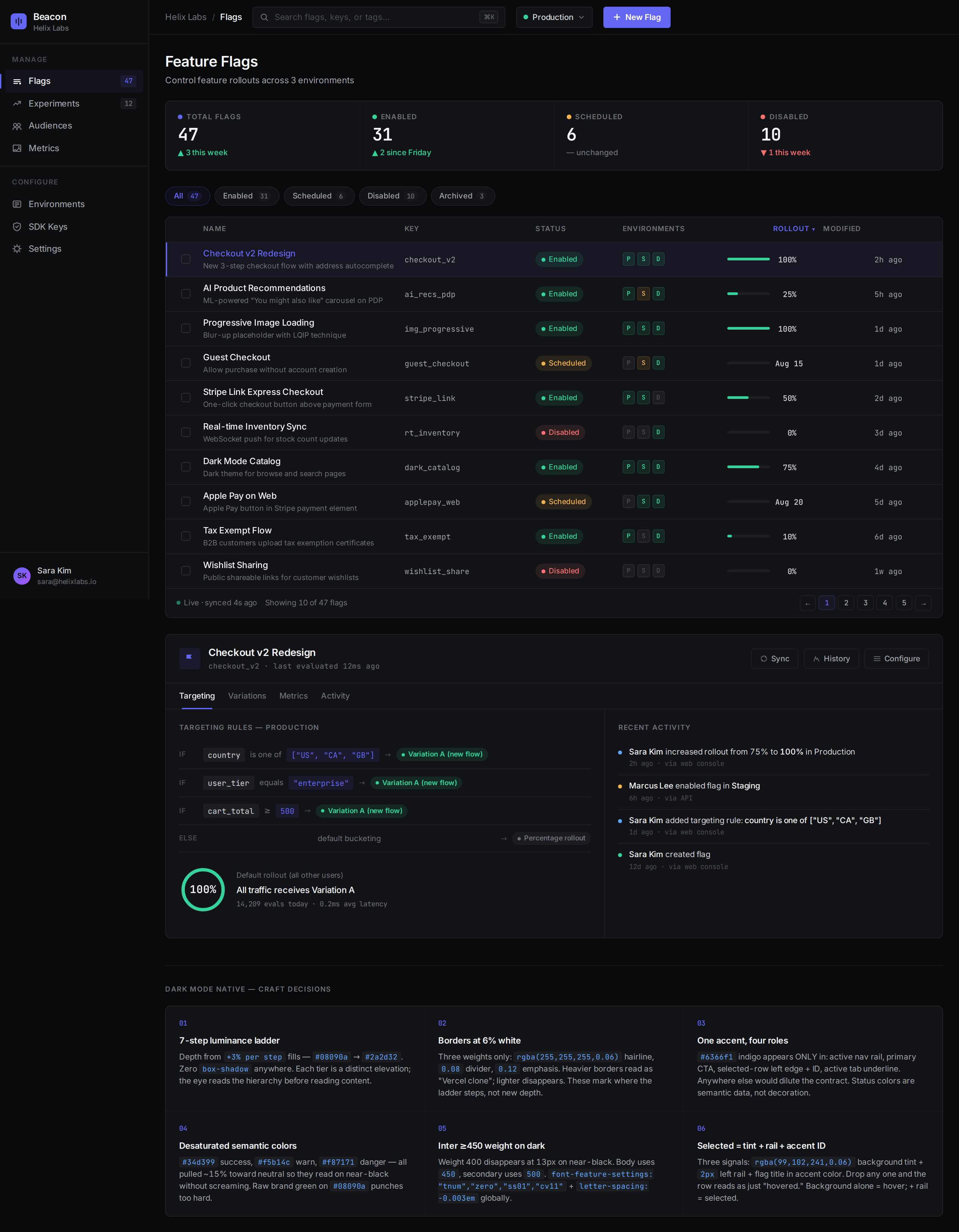 Dark Mode Native v2 — Beacon Feature Flags desktop