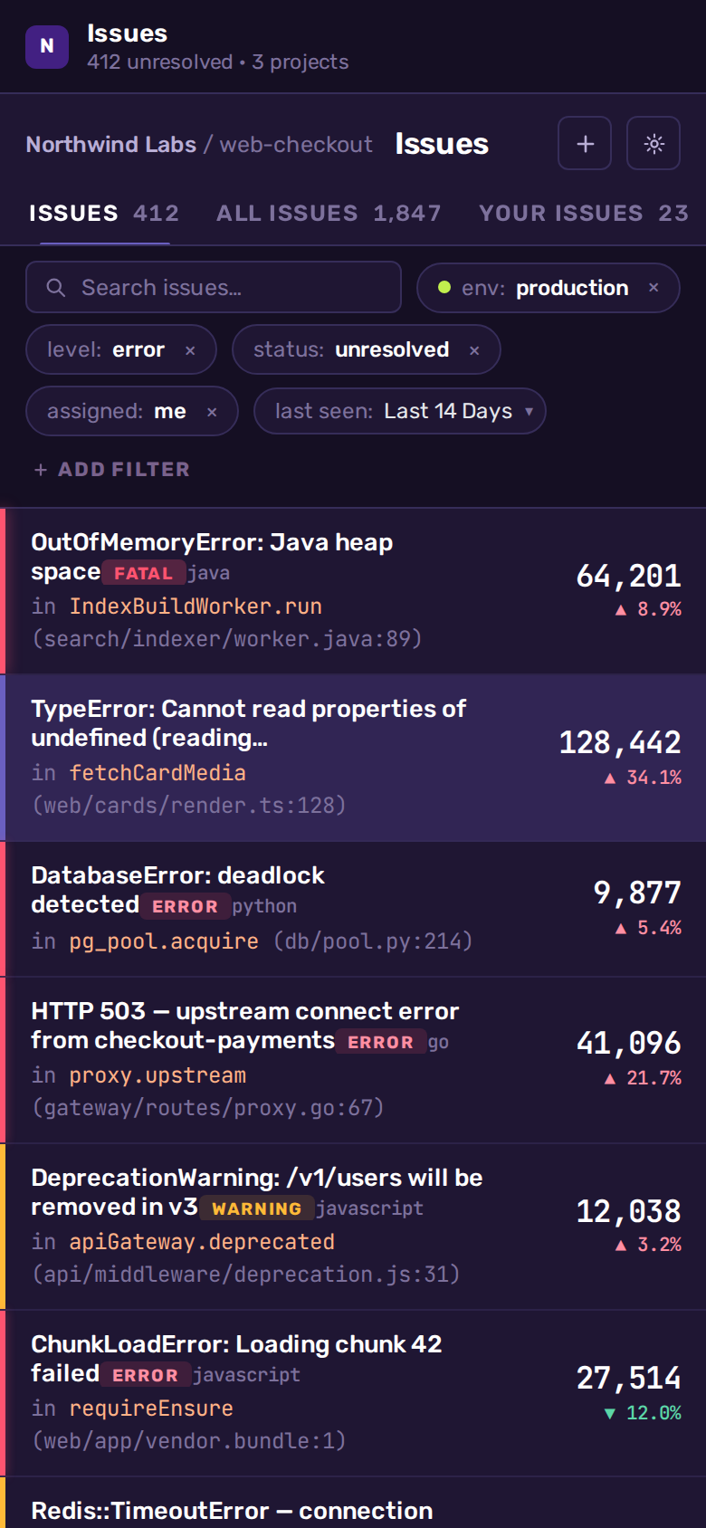 Sentry Error Stream Clone mobile