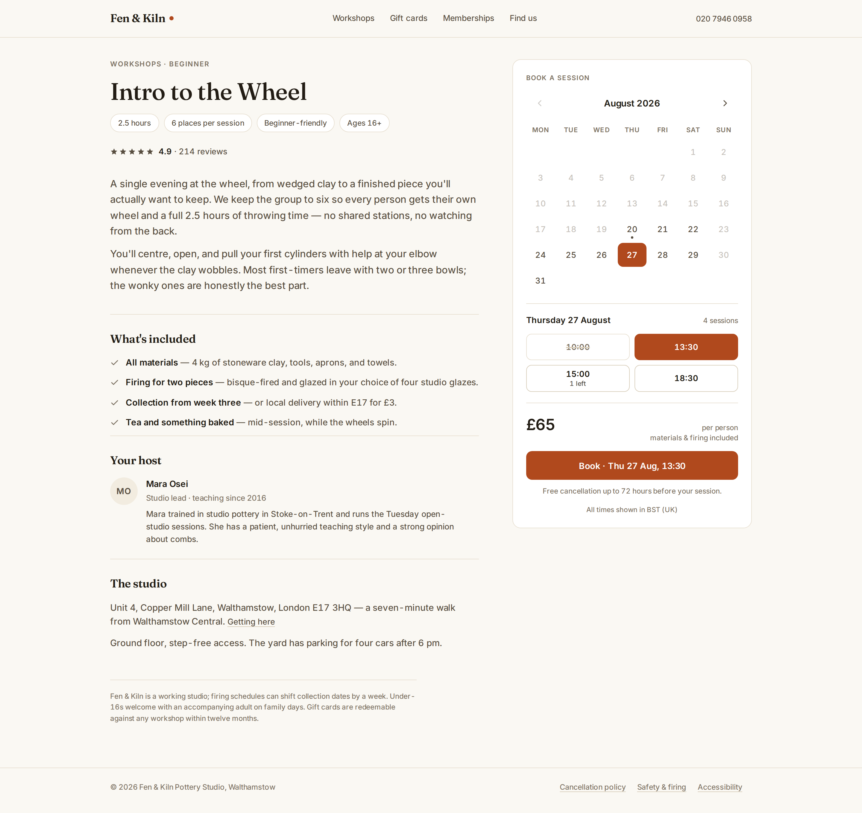 One Accent v4 — Fen & Kiln Booking Page desktop
