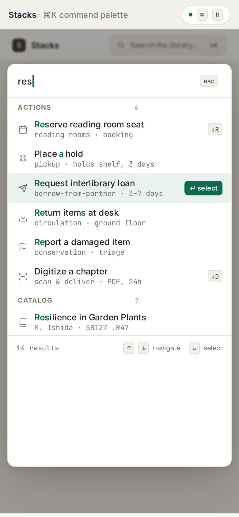 Command Palette v3 — Stacks ⌘K (light canvas) mobile
