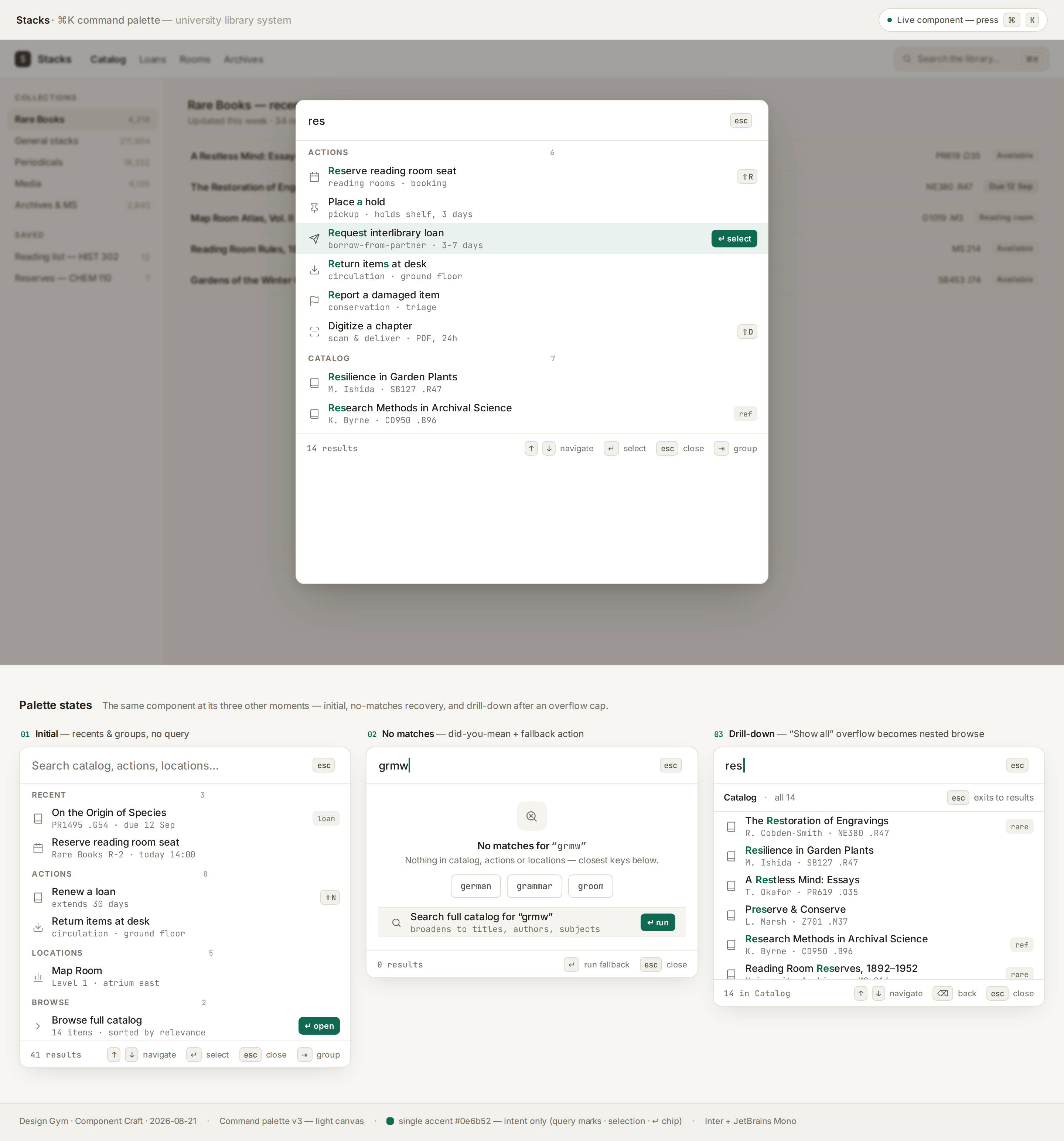 Command Palette v3 — Stacks ⌘K (light canvas) desktop