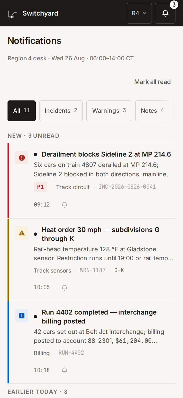 Status Semantics — Switchyard Notification Desk mobile