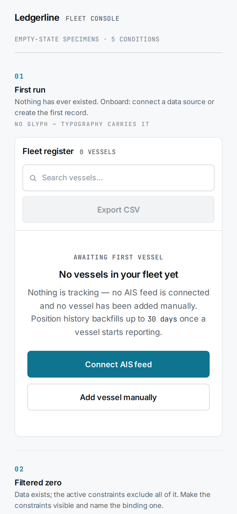 Empty States v2 — In Situ (Ledgerline fleet console) mobile