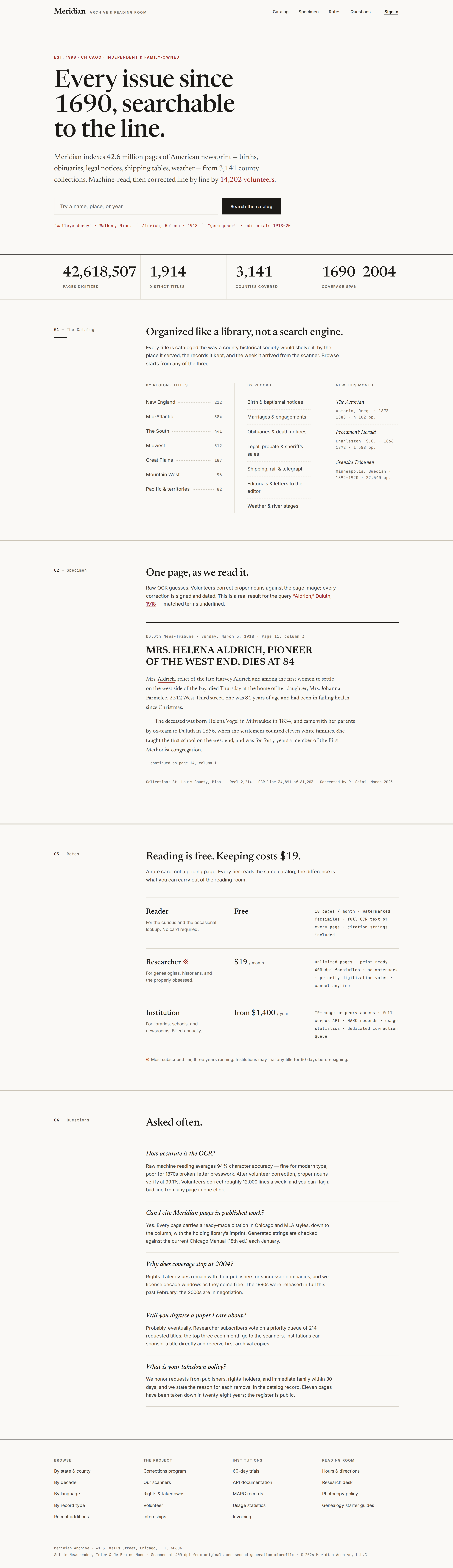 No Decoration v5 — Meridian Newspaper Archive desktop