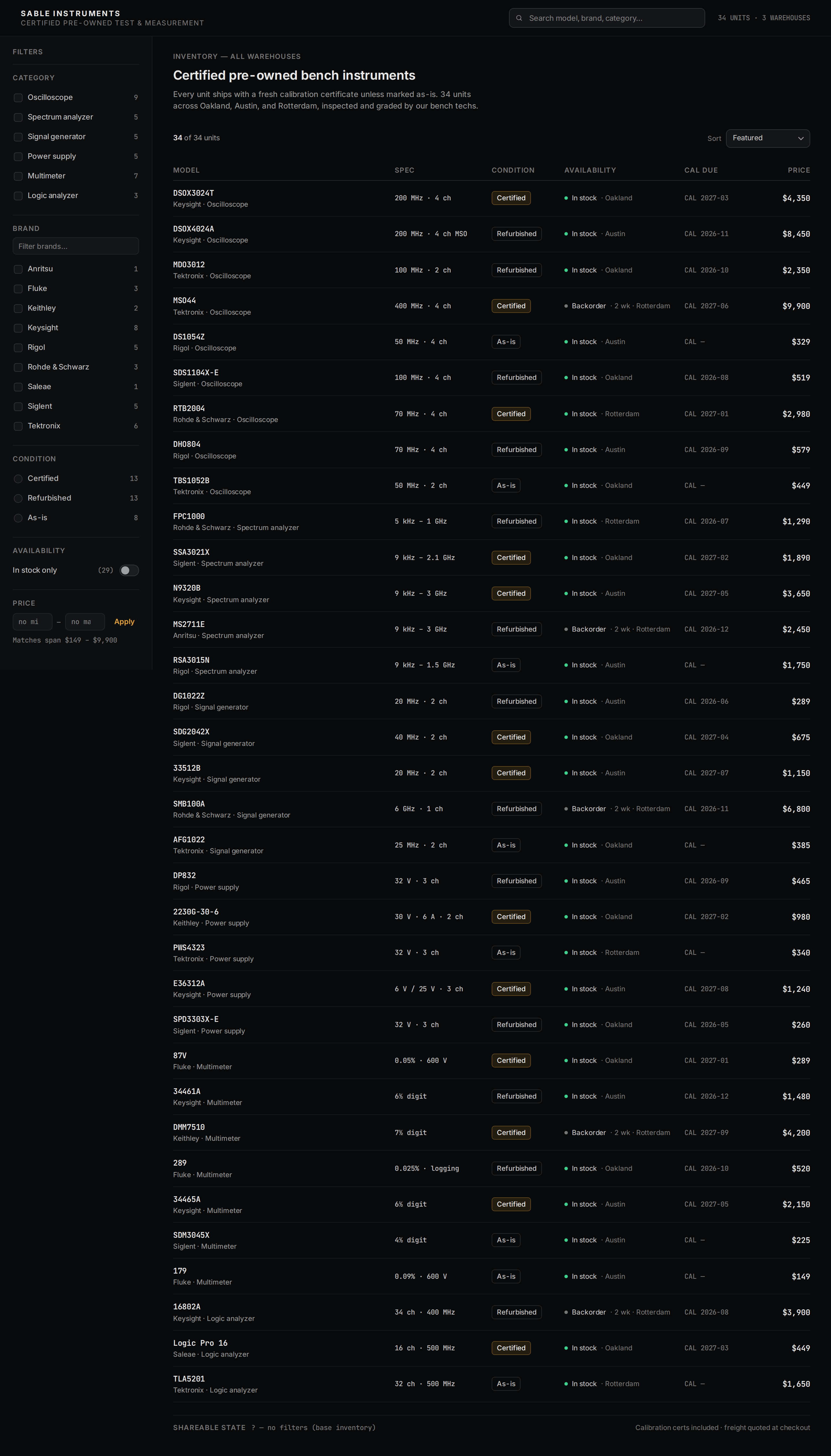 Filter UI v2 · Sable Instruments — dark faceted catalog desktop