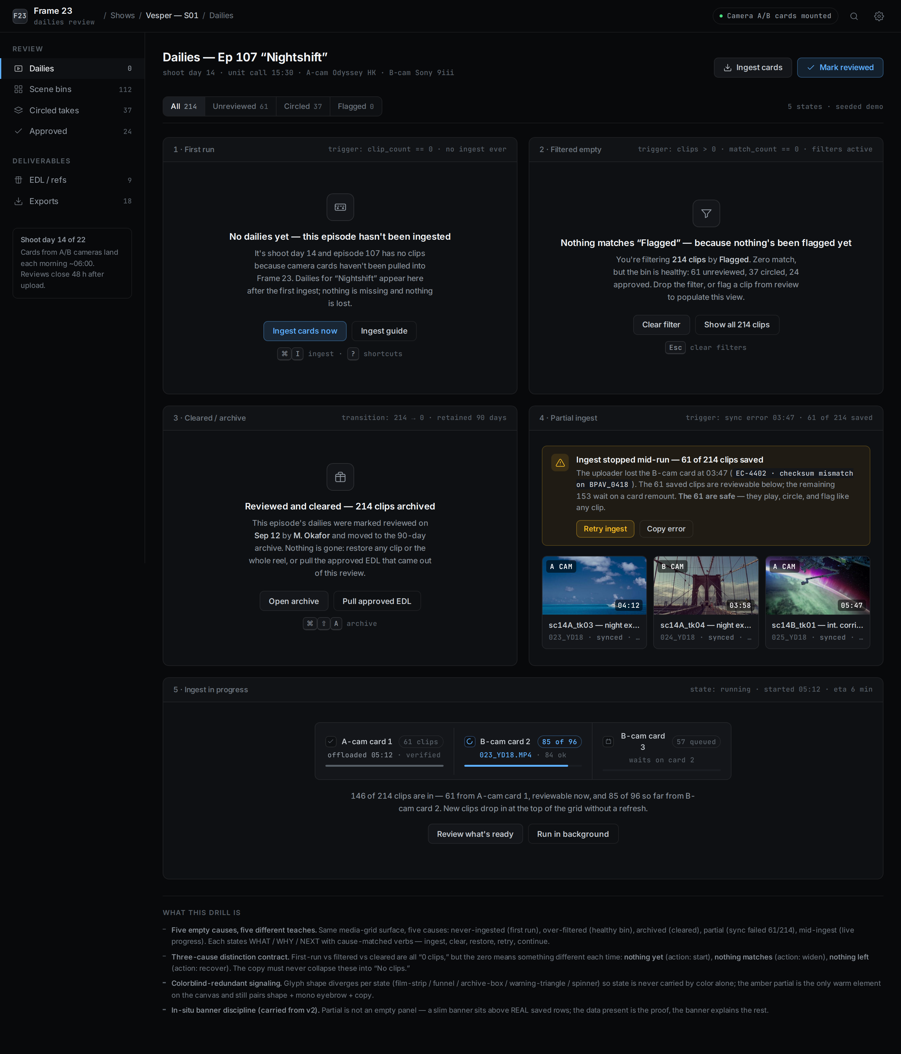 Empty States v3 · Frame 23 Dailies — Three-Cause Zero desktop