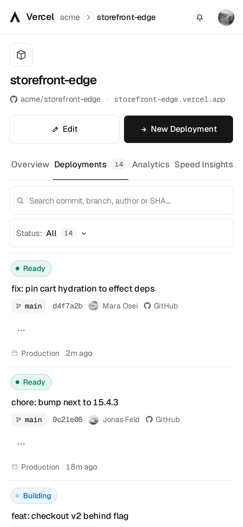 Clone Vercel Deployment List mobile