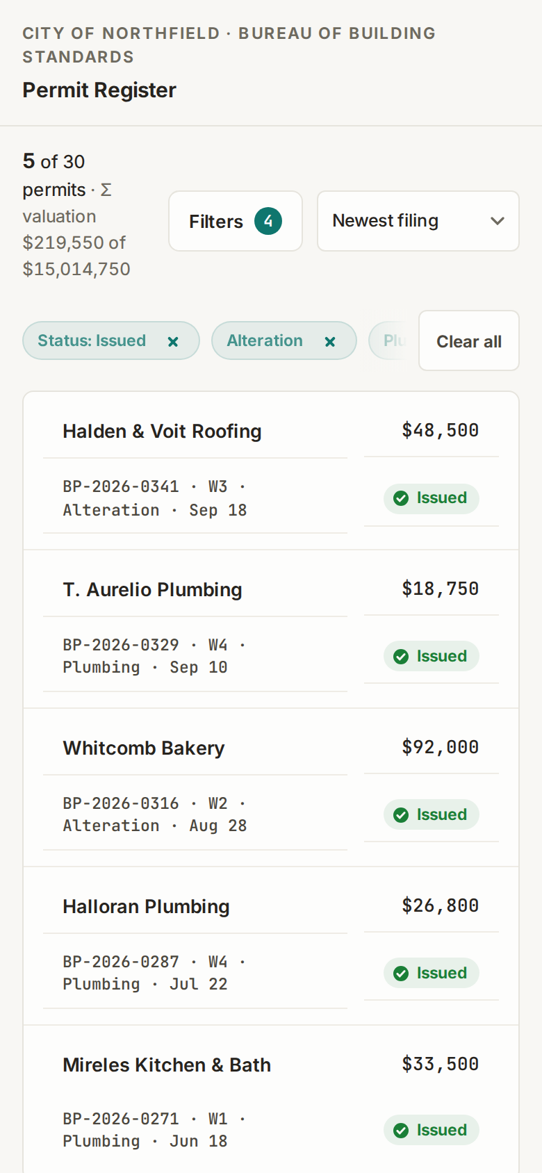 Filter UI v3 — Permit Register mobile