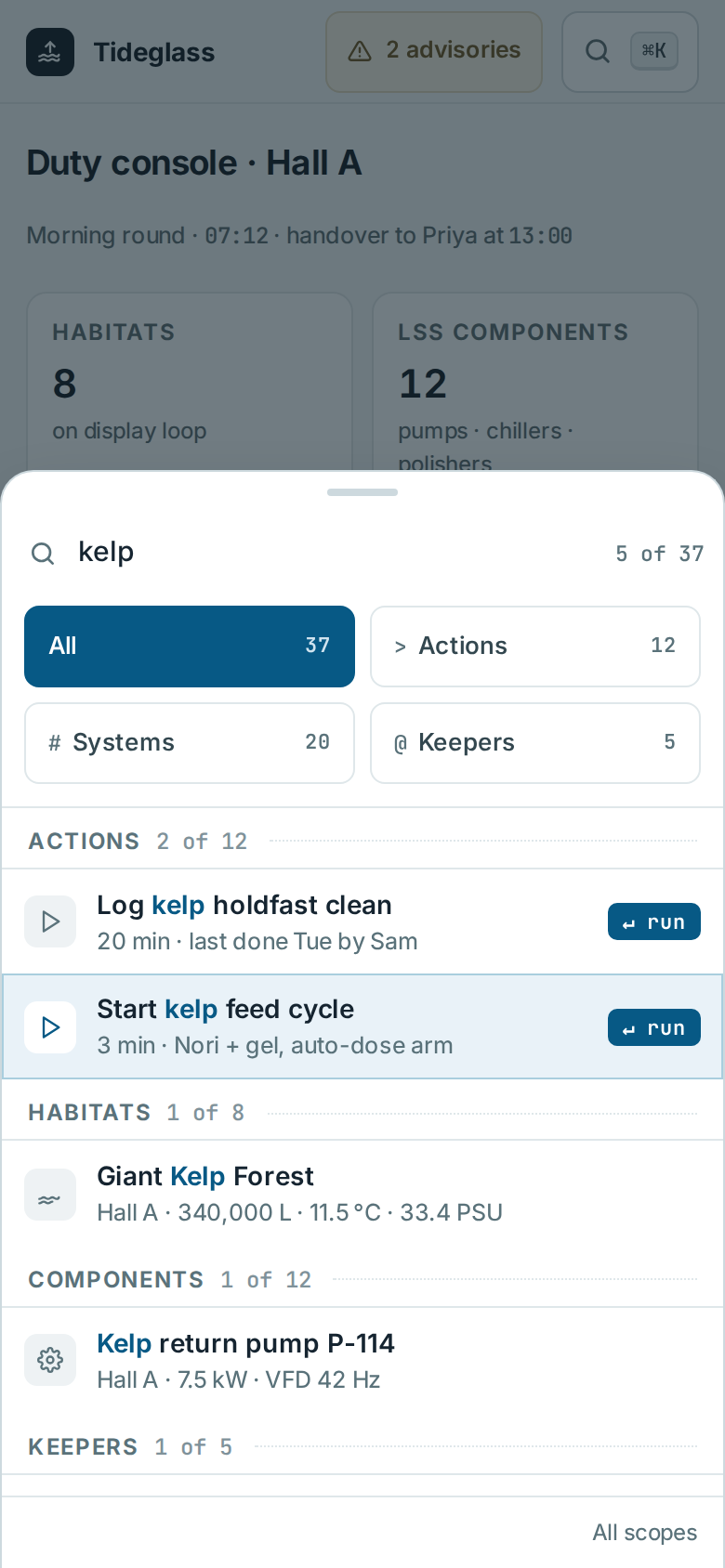 Command Palette v5 · Mode Grammar — Tideglass LSS ⌘K mobile