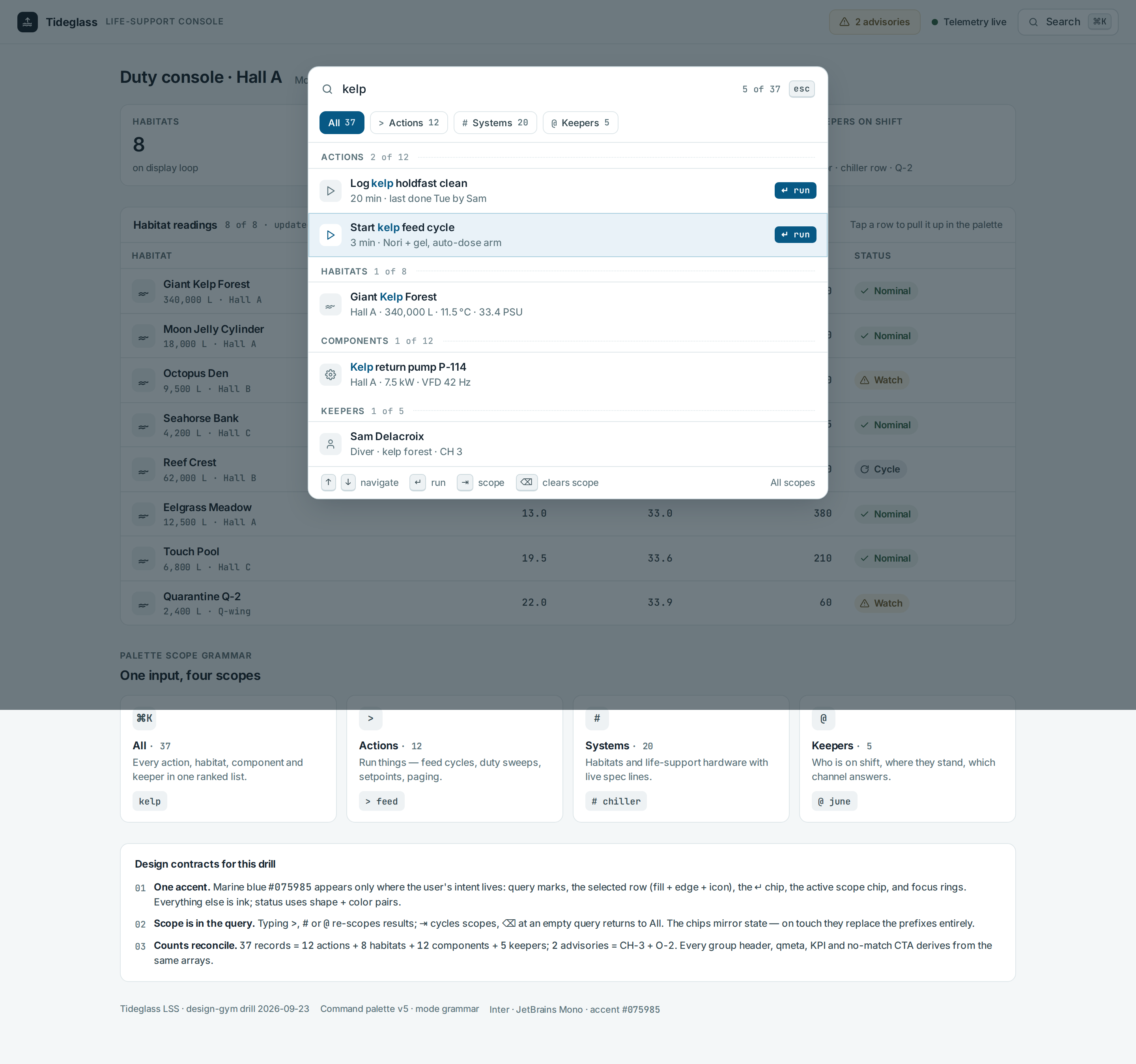 Command Palette v5 · Mode Grammar — Tideglass LSS ⌘K desktop