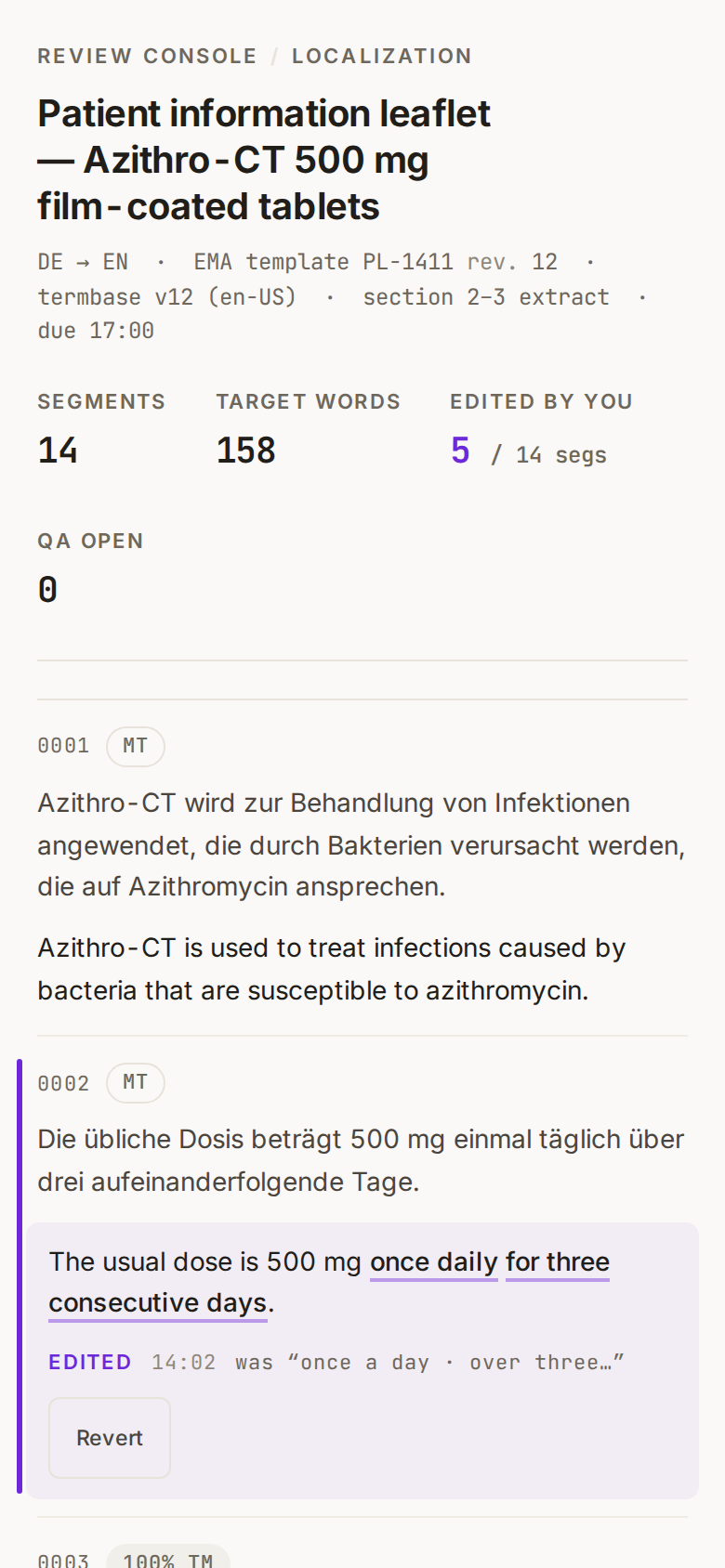 One Accent v6 — Translation Review Console mobile