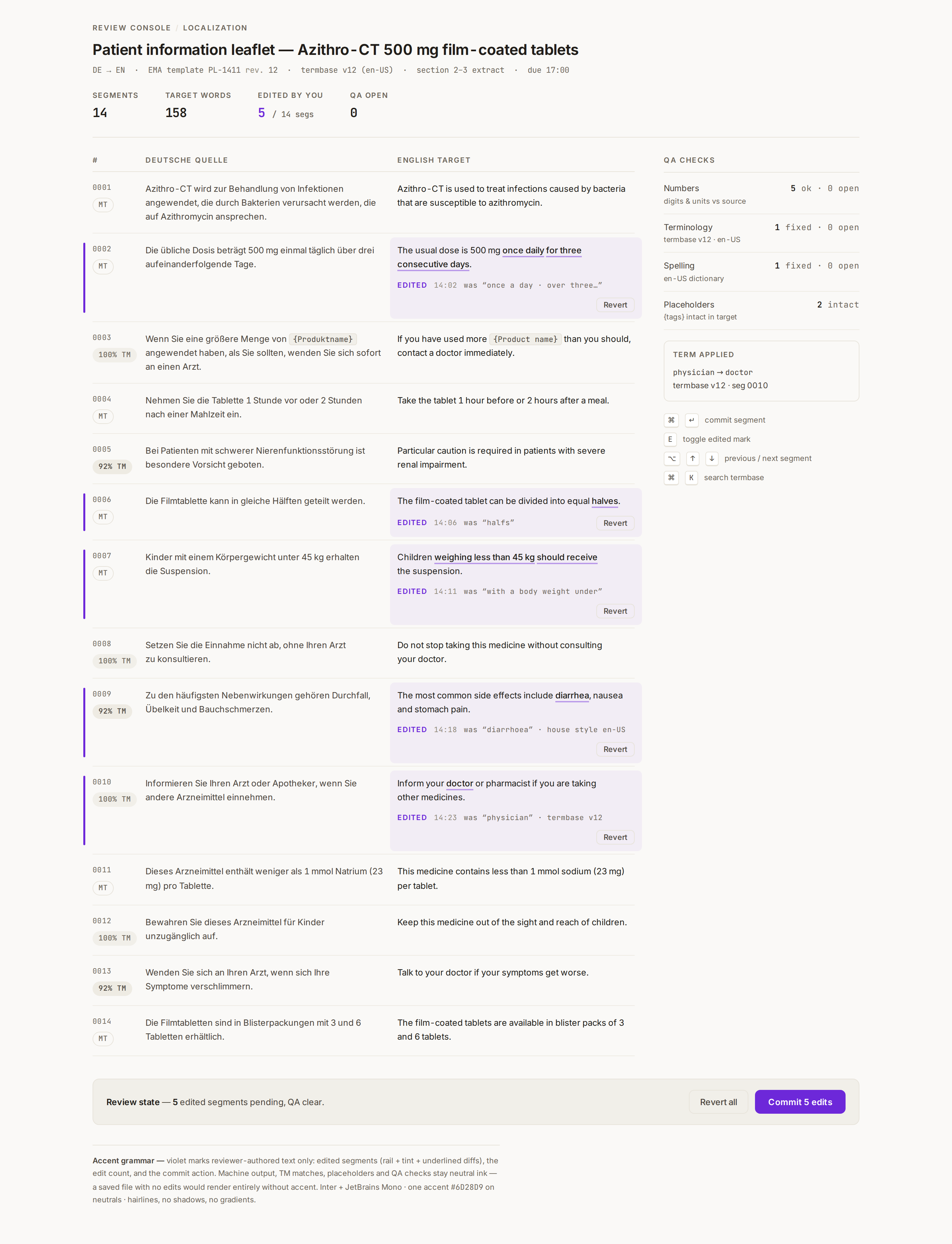 One Accent v6 — Translation Review Console desktop