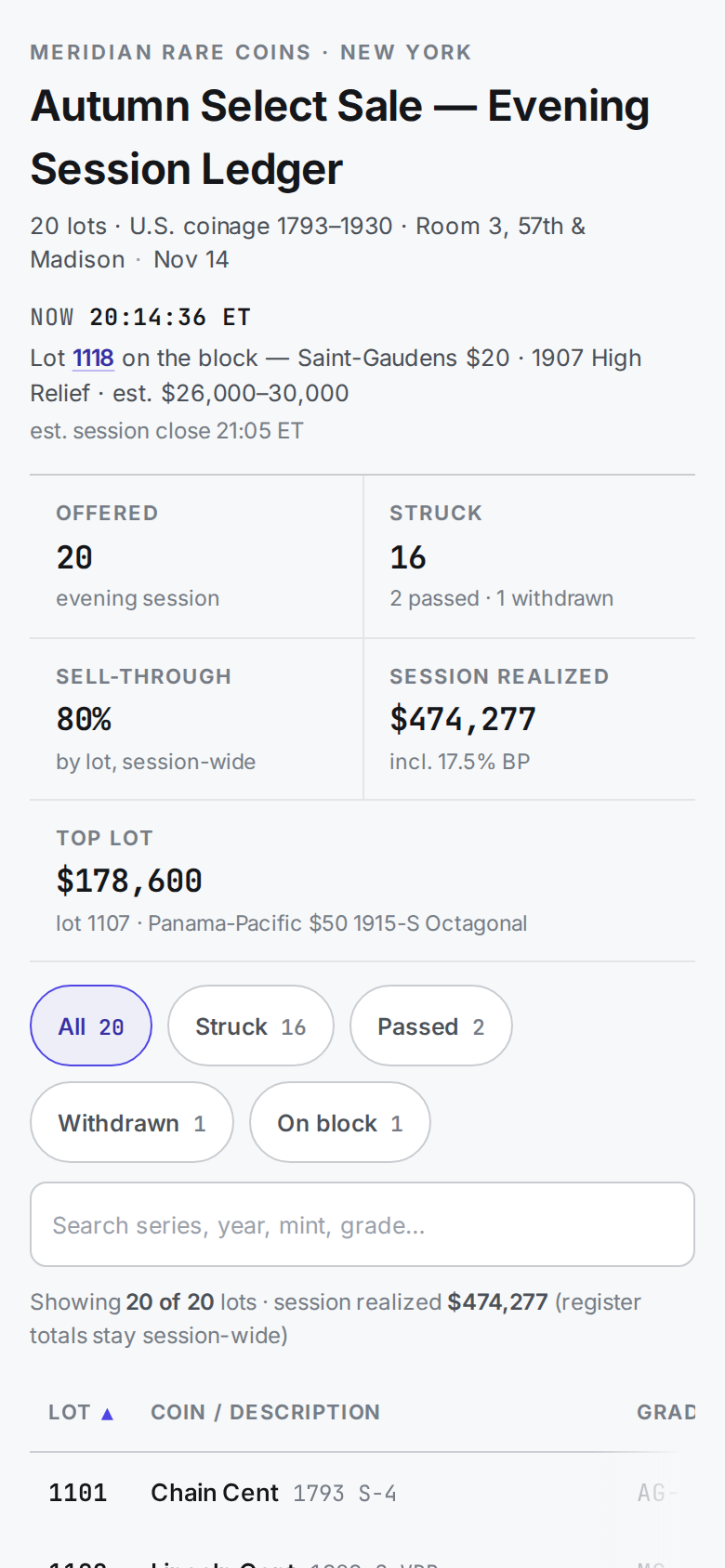 Dense Table v8 — Numismatic Evening Session Ledger mobile
