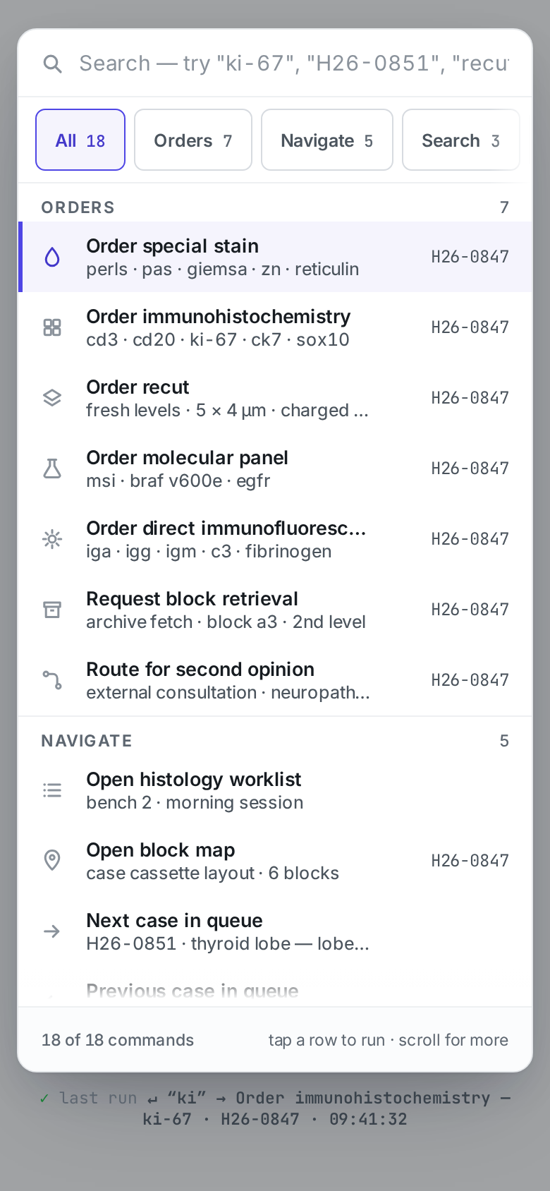 Command Palette v5 — Pathology Order-Entry Console mobile