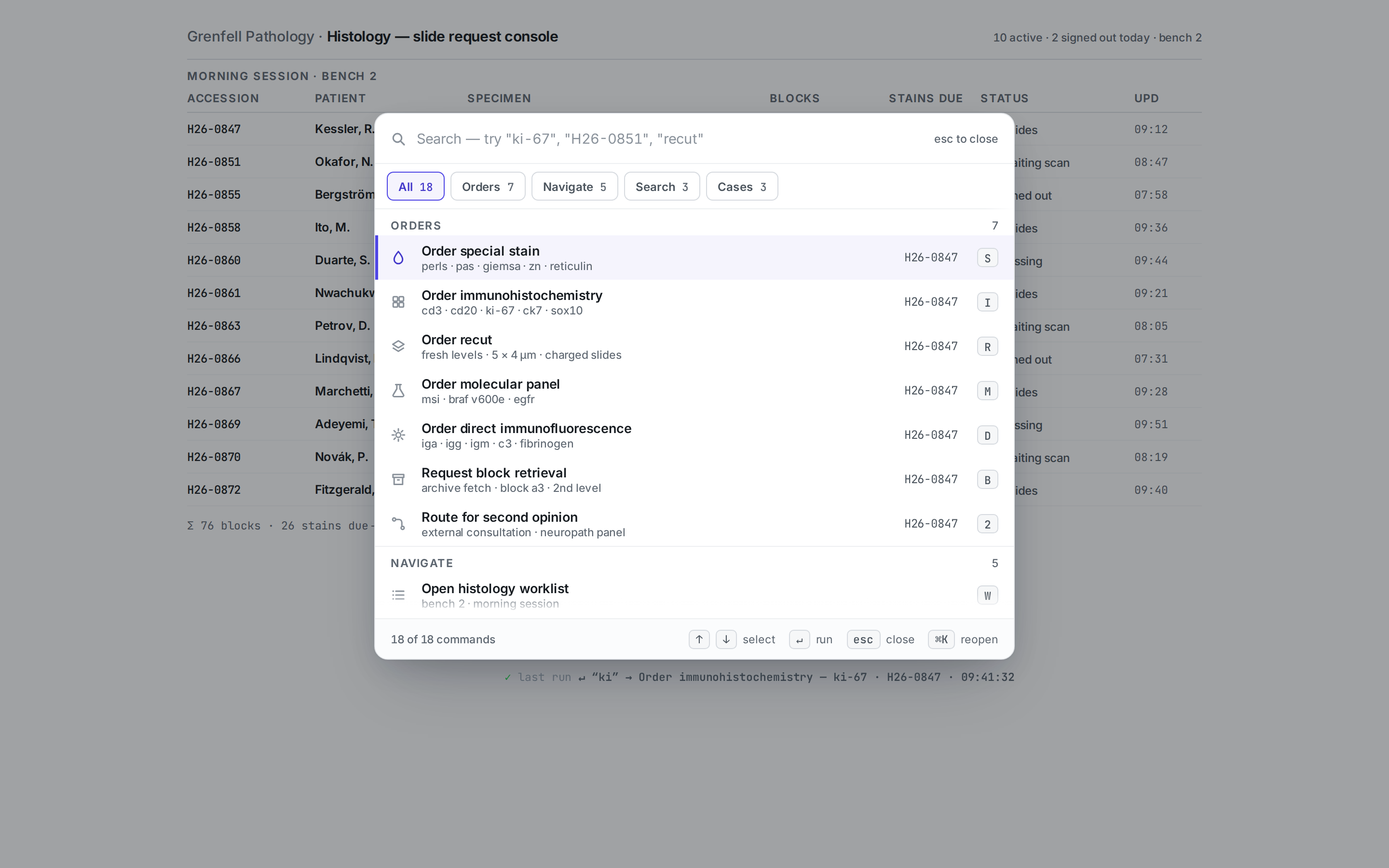 Command Palette v5 — Pathology Order-Entry Console desktop