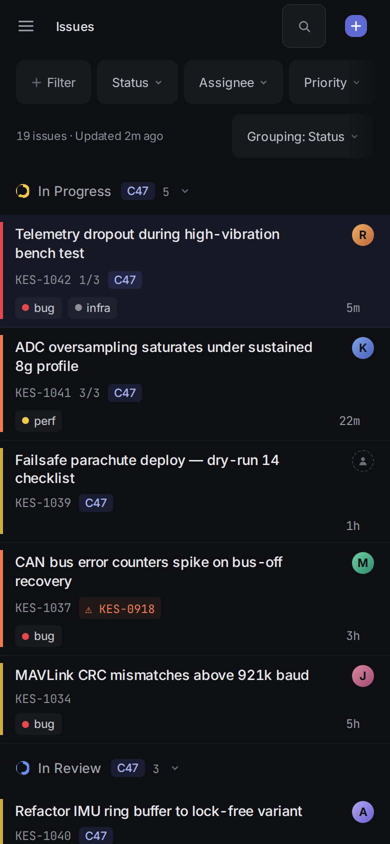 Linear Issue List Clone v3 — Kestrel Dynamics Flight Software mobile