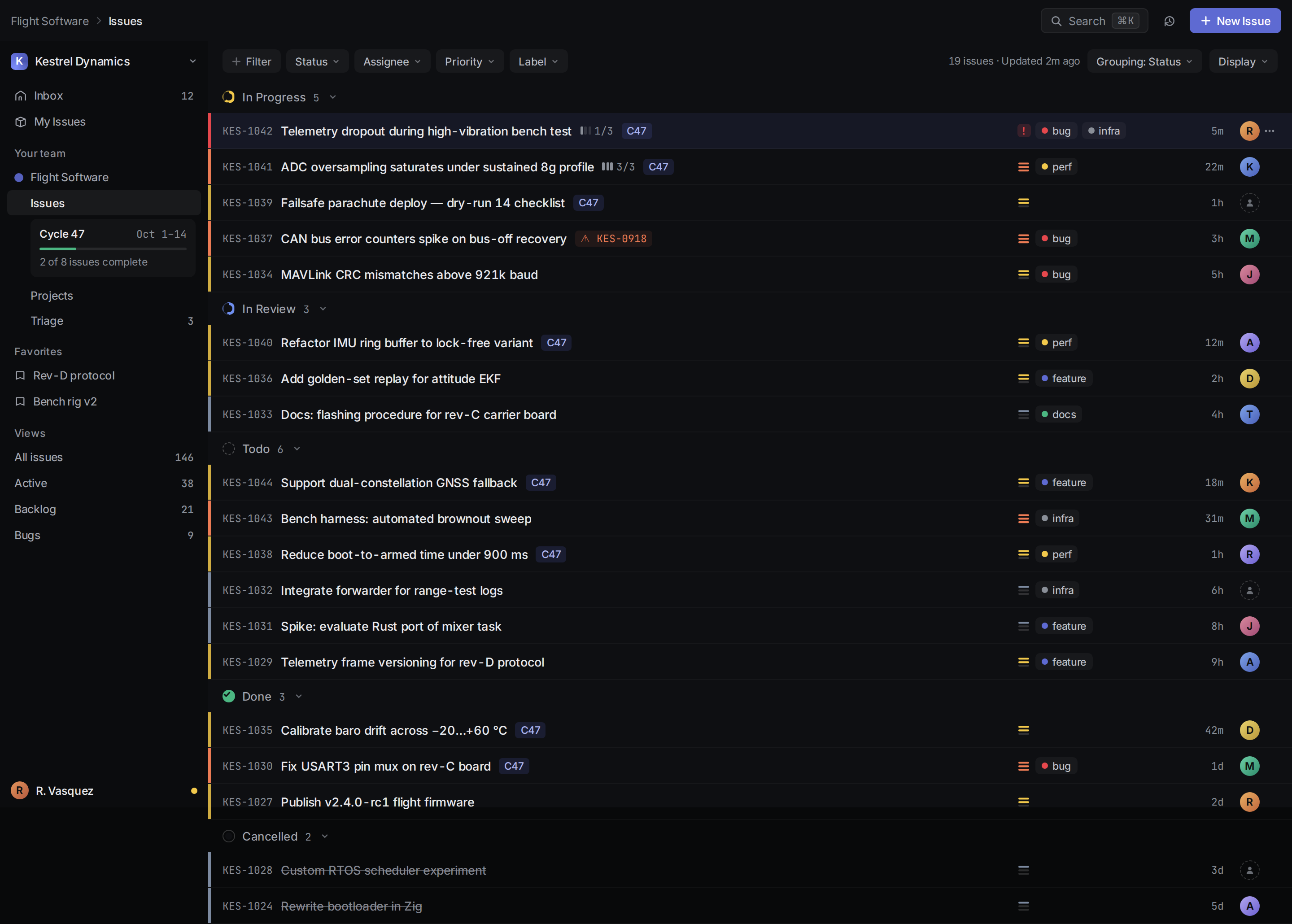 Linear Issue List Clone v3 — Kestrel Dynamics Flight Software desktop