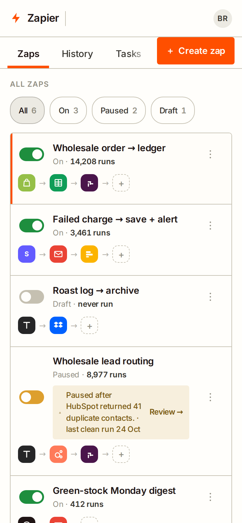 Clone Zapier Automation Dashboard / Birchall & Rook Coffee Merchants mobile