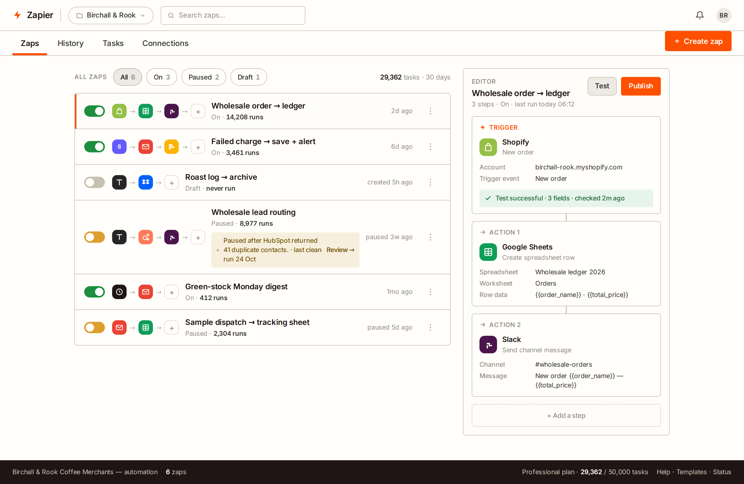 Clone Zapier Automation Dashboard / Birchall & Rook Coffee Merchants desktop